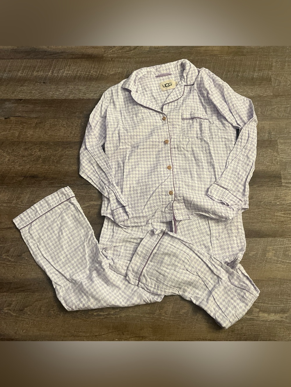 Ugg Two Piece Pajama Set Womens Large Pink Cotton Lavender White Houndstooth PJs